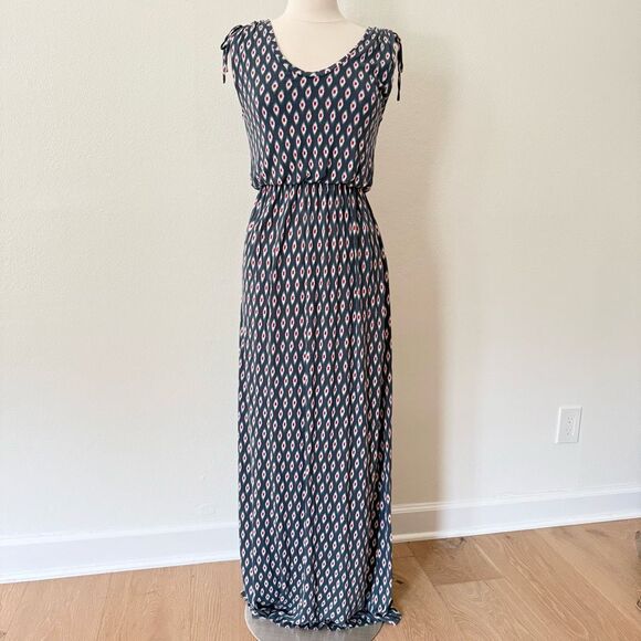LOFT Maxi Dress Small Ikat Blue Red White Cap Sleeve Elastic Waist Scoop Neck - Picture 1 of 12
